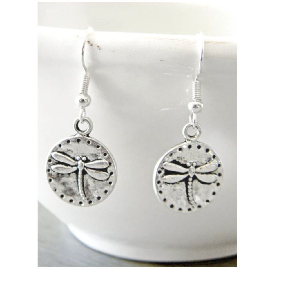 Embossed Dragonfly Silver Earrings Minimalist Whimsical Hippie Chic Flower Power